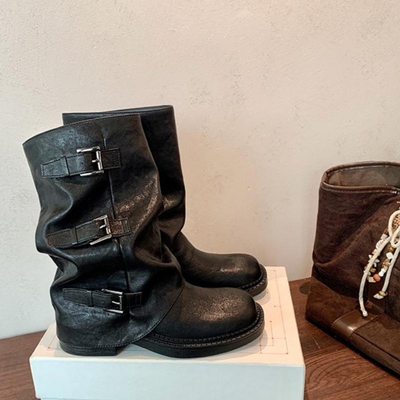 Spice Girls Pants Boots~ Thick-soled Height-increasing Buckle Mid-tube Western Boots 2025 New Knight Boots Women's Pile Boots