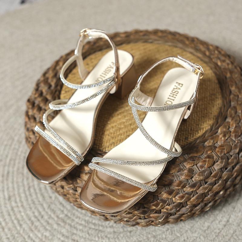 Fashion sandals summer British fashion versatile new square head rhinestone one-word buckle thick high-heeled women's shoes