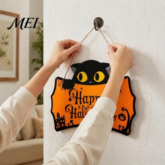 Autumn Festival Wall Ornaments Halloween Wooden Door Hanging Plaque, Printed Black Cat Pumpkin Castle Spider Web Front Cute Party Supplies Sign,