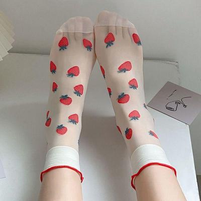 Cherry Strawberry Glass Silk Ruffle Socks Avocado Fruit Mesh Tulle Mid Tube Socks  JK