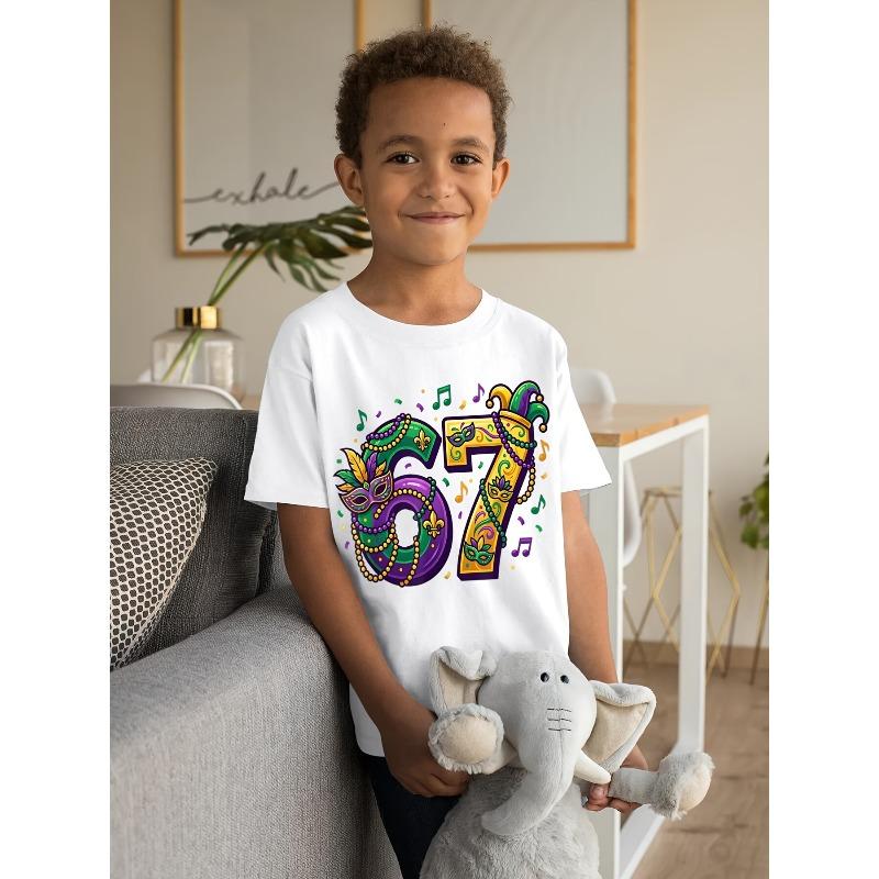 European Sizes Mardi Gras '67 New Orleans Retro T-Shirt for Boys - Vintage Number 67 Print, Casual Kids Wear Suitable for Birthday Gifts