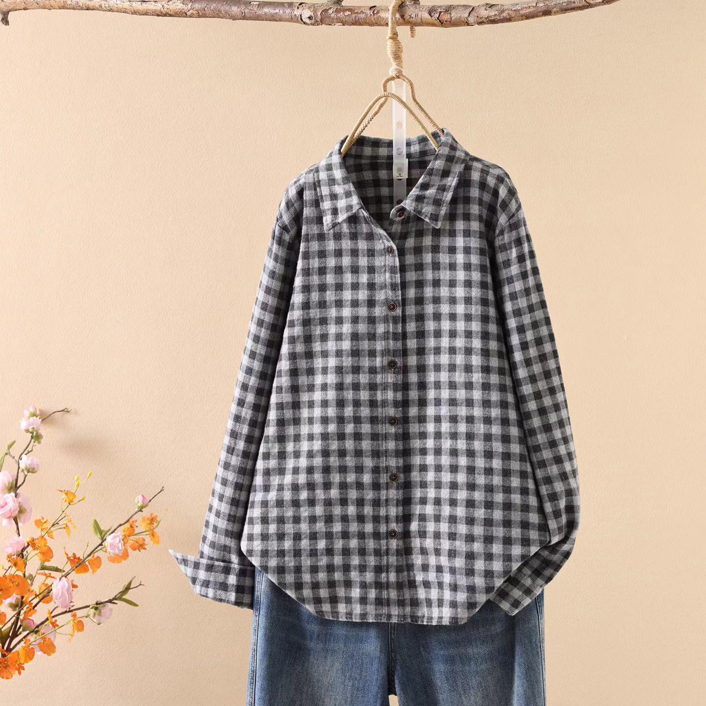 

Женская весенняя клетчатая двухслойная хлопковая марлевая рубашка с длинным рукавом - Мягкая, Повседневная, Универсальная, Модная. M (suggested for 80-125 jin) чёрный