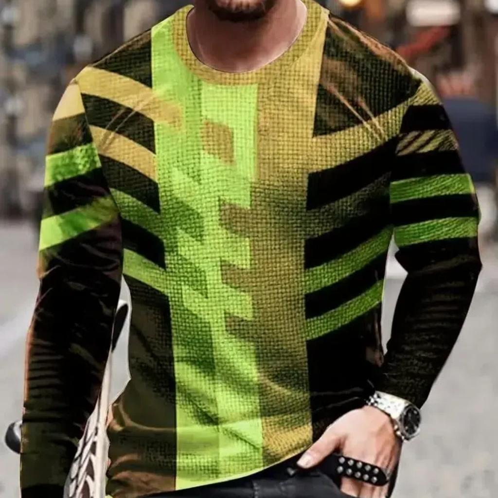 2024 Vintage Men's T-Shirt Color Block Long Sleeve 3D Clothing Print Harajuku Oversized Tops Men's Outdoor Jogging T-Shirt Tops