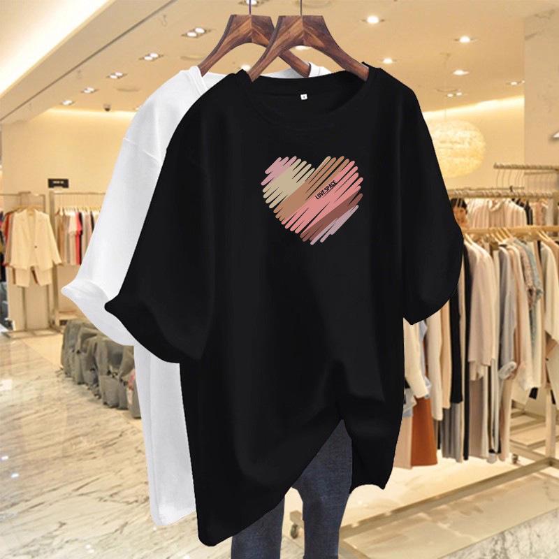 2026 Women's Korean Style Heart Print Slimming Loose Fit Mid-Length Short Sleeve Tee