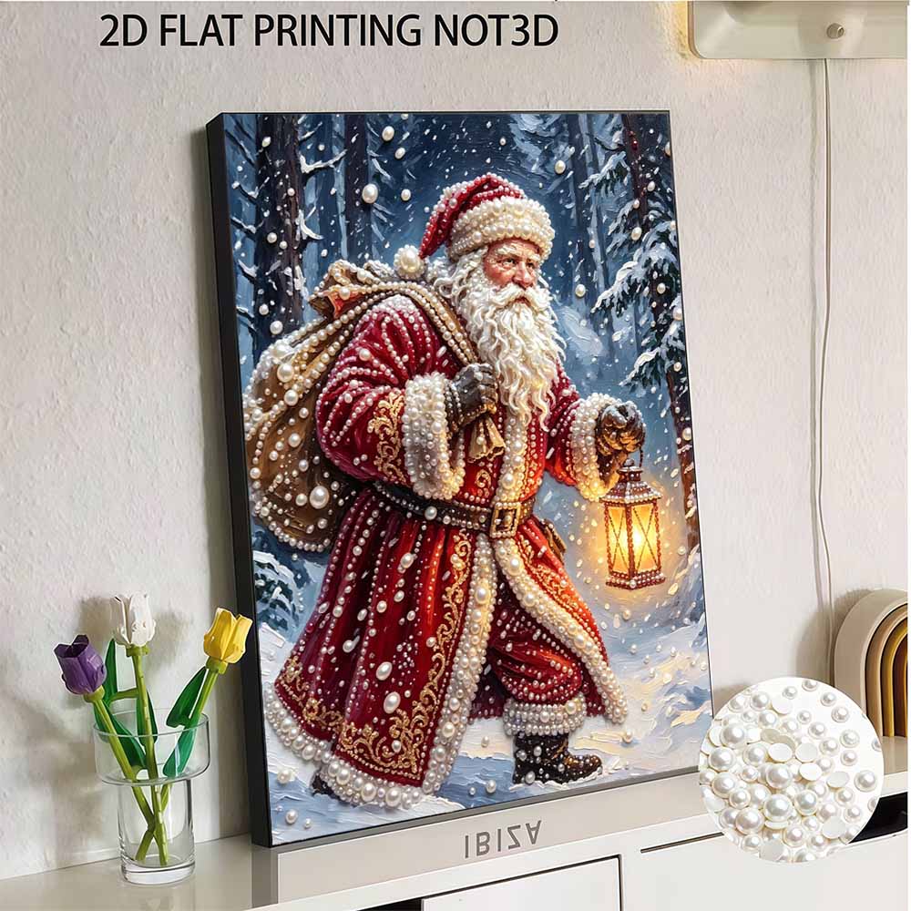 Santa Claus in Winter Forest Pearl Bead Painting Kit with Frame Shiny Canvas Art Creative Craft Home Decoration Gift for Holidays