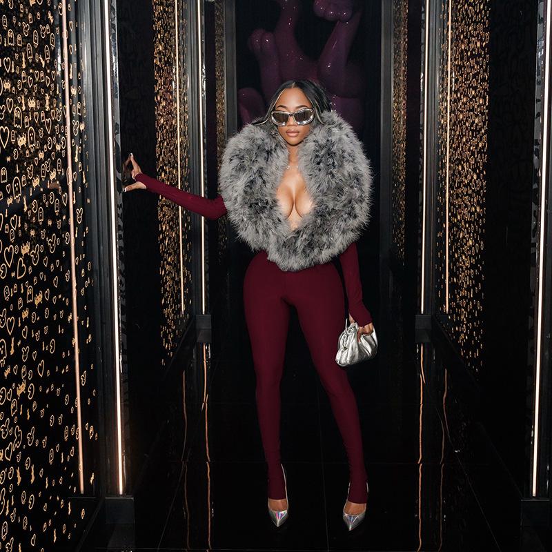 European Fashion Spicy Girl Autumn/Winter 2025 Women's Long Sleeve Fur Bodysuit Tights