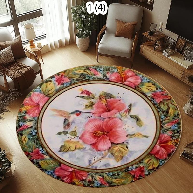 Vintage Floral Circular Area Rug Carpet Mat Rug Home Decoration Rose Hummingbird Pattern Non Slip Floor Rug for Living Room