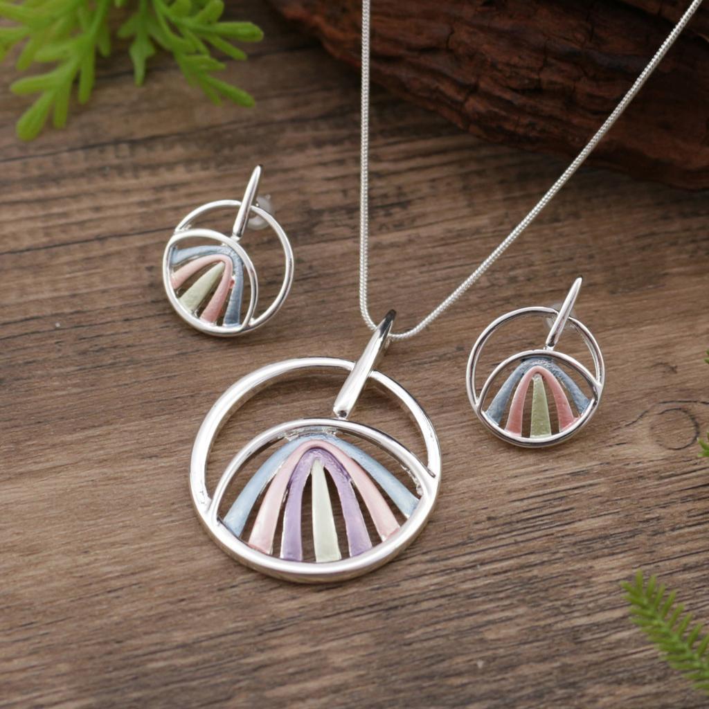 New Enamel Color Round Hollow Line Stud Earrings Pendant Set, Women's Simple Round Line Necklace