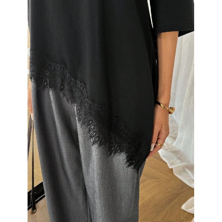 2026 Women's Short Sleeve Asymmetrical Lace Patchwork T-Shirt Loose Bat Sleeve Top