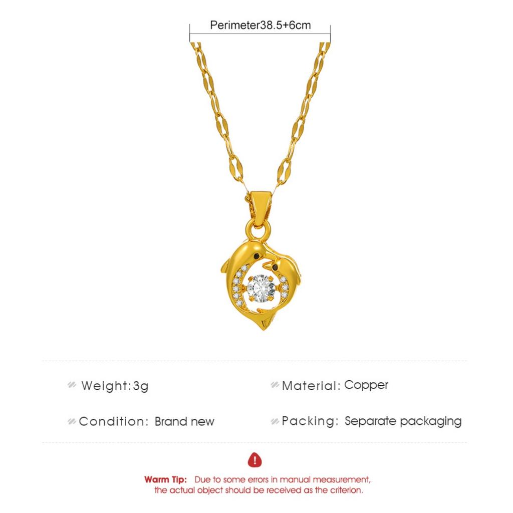 Dolphin Couple Pendant Necklace with Sparkling Stone Center Gold Tone Delicate Chain for Women