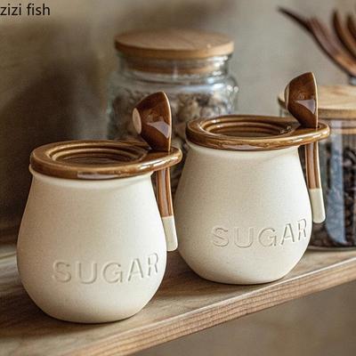 Borcan de condiment din ceramică de epocă cu capac Set de linguri Borcan de sare creativ Borcan de zahăr Rezervor de ulei de porc Instrumente creative de condiment de bucătărie