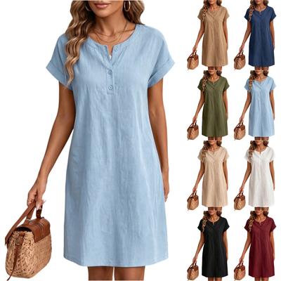 Women’s Casual Crew Neck Button Short Sleeve Loose Fit Pullover Dress with Relaxed for Everyday Wear