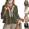 Women's Summer V-Neck Blouse, Color with Button and , 3/4 Sleeve Tie Front Top - Casual Summer Top for Women
