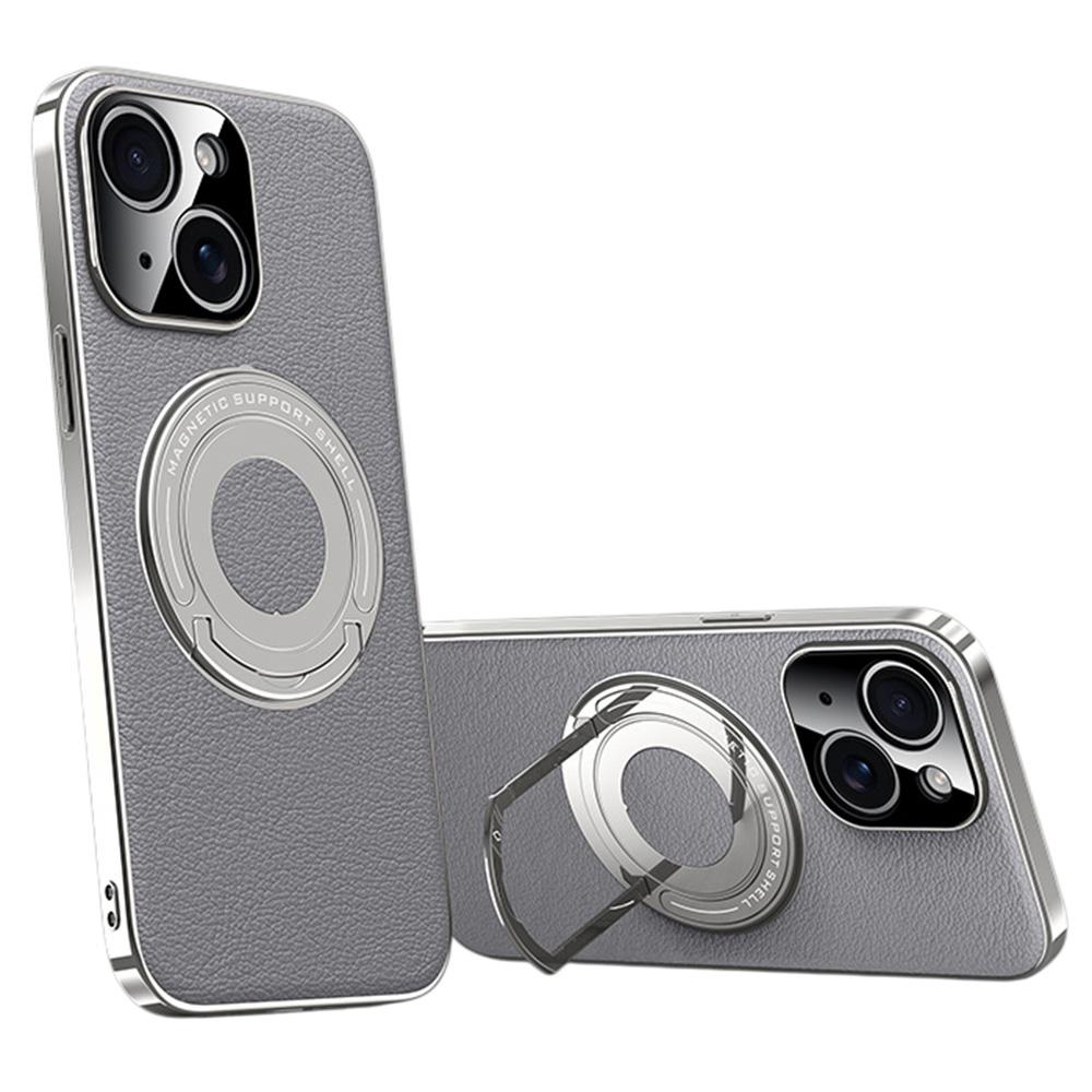 

For iPhone 14 Case Compatible with MagSafe Leather TPU Back Cover with Hidden Kickstand Grey