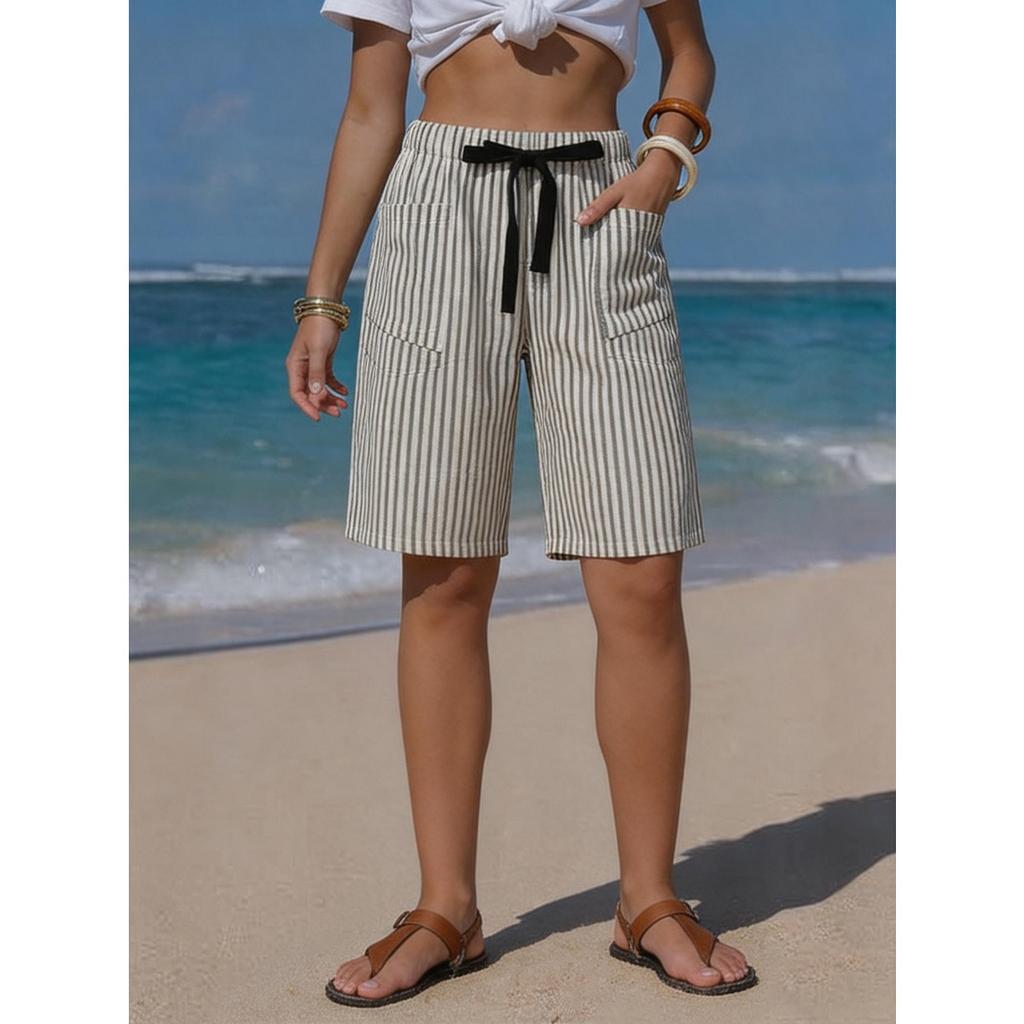 Damen Shorts aus Imitation Leinen mit Streifen, Lässige Sommer-Strandshorts mit Gürtel und Taschen