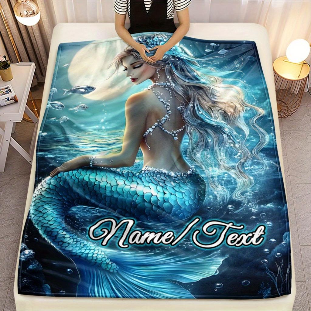 Custom Mermaid Blanket Personalized Name Fantasy Art Fleece Throw All Season Soft Cozy Bedding for Kids Adults Gift