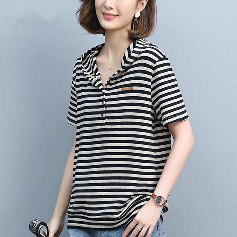 

Flow temperament fashion striped hooded short sleeves summer new casual large size women s clothing slim top M чорний