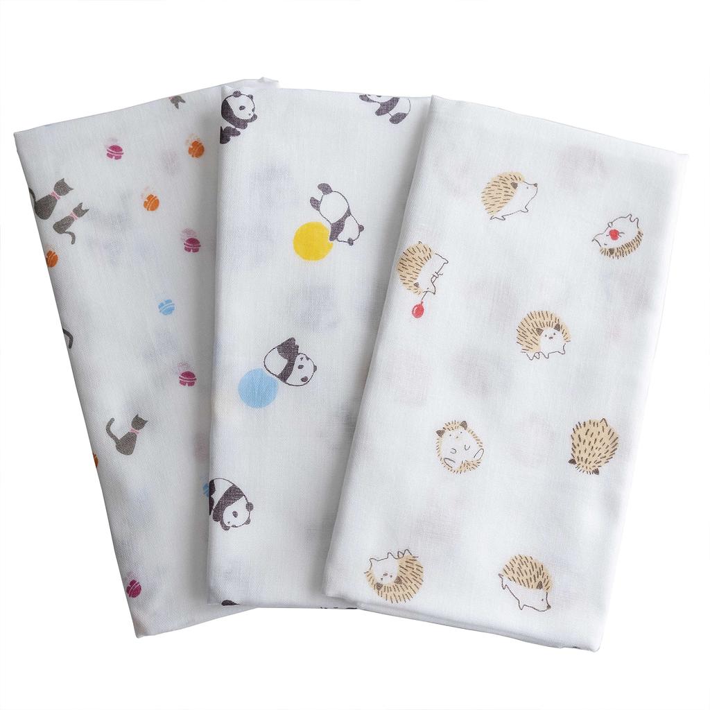 Made in Japan Gauze Tenugui Hand Towels, Soft to the Touch, 100% Cotton, Approx. 35cm x 90cm (Set of 3, A. Hedgehog, Panda, Cat)