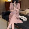 Women's Pink Floral Embroidery Half-Sleeve Maxi Dress V-Neck Loose Casual Linen Blend Long Dress