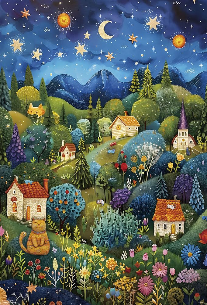 

[Made in Japan] Beverly 1000-Piece Jigsaw Puzzle: Starry Night s Lullaby - A Flowering Village Watched Over by Cats (49x72cm) 1000-132