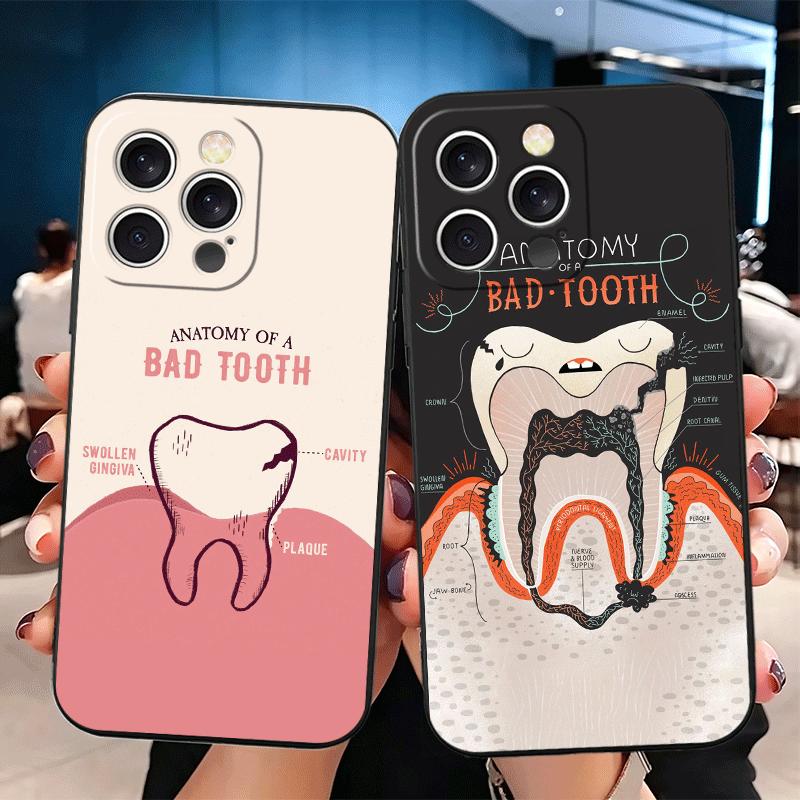 Tooth Dentist Pattern Soft Phone Case for iPhone 16 16E 17 Air 15 Pro Max 14 Plus 13 Mini 11 12 7 Black Cover Back Shell
