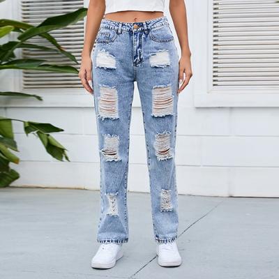 Fashion Hole Streetwear Ripped Jeans Vintage Blue Plus Size Casual Women Stylish Denim Pants for Women Elegant Office Lady Trousers Female Clothing
