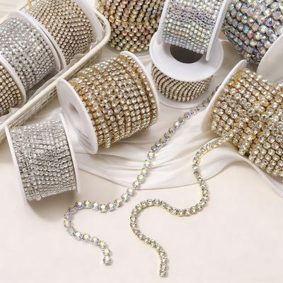 10 Yards/Rolle Strass-Kettenband zum Annähen, Zierband, Kristall, Silber, Gold, Basis, Klares Kristall, Dichtes Glas, Dichtes Kristall-Kettenband