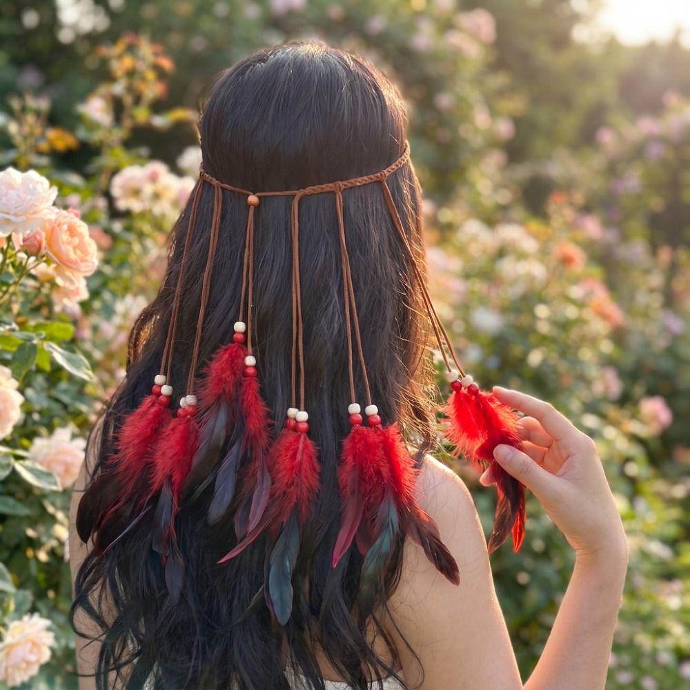 Braided Cord Bohemian Tassel Headband Tribal Feather Hair Extensions  Western Cowgirl Outfit