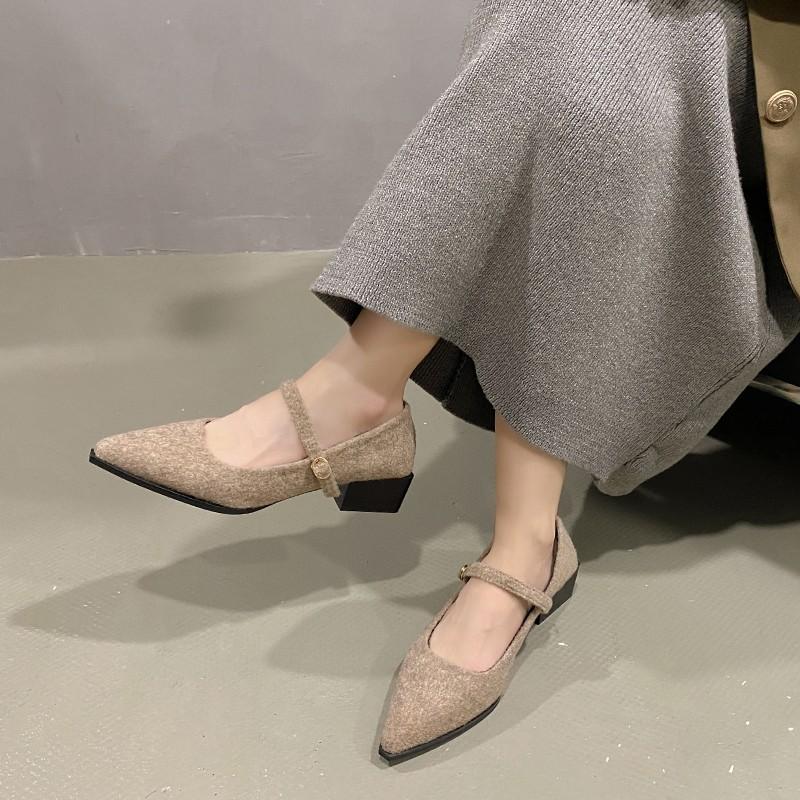 Fashion Autumn New Coarse Heel Shoes Women's Fashion Pointed Shallow Mouth Suede Anti-slip Wear-resistant Low-top Shoes