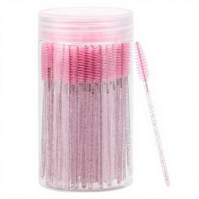 100 Pcs Disposable Mascara Wands & Crystal Eyebrow Spoolies Brush for Eyelash Extensions Pink Lash Brushes Container