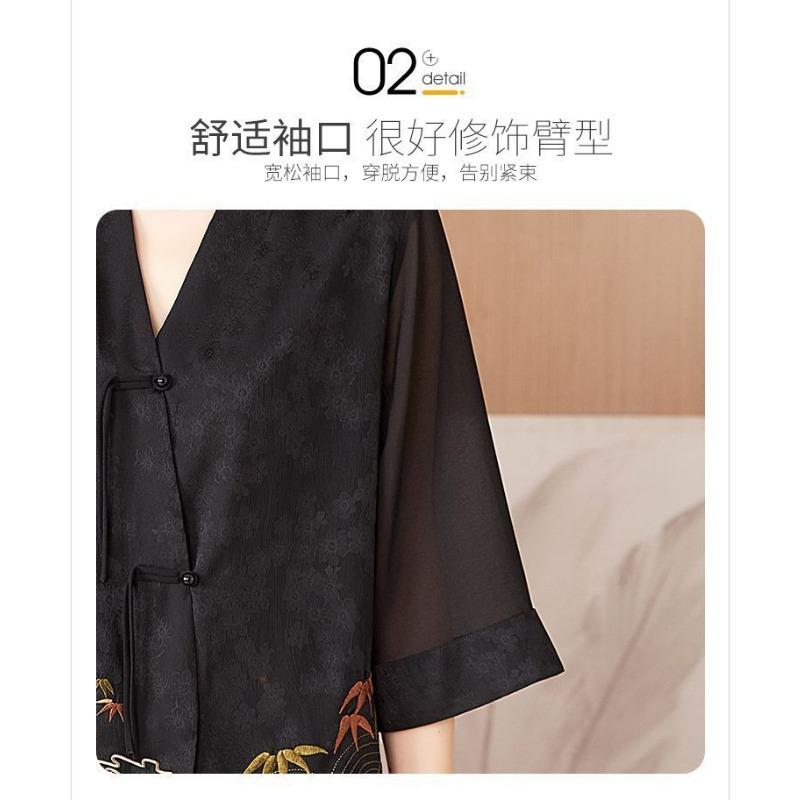 Chinesisches besticktes Hemd Damen Lockerer Mantel Dreiviertel Top Pflanzenblumen Mode Elegant Top