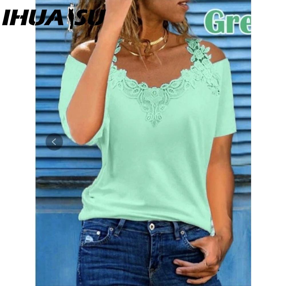 IHUASU Blusas y camisas de manga corta con cuello en V y estampado de color sólido informal a la moda para mujer