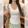 Tencel White V-neck Front Shoulder Short-sleeved T-shirt Women's Summer New Xiaofei Sleeves Slim-fitting Age-reducing Waist Top