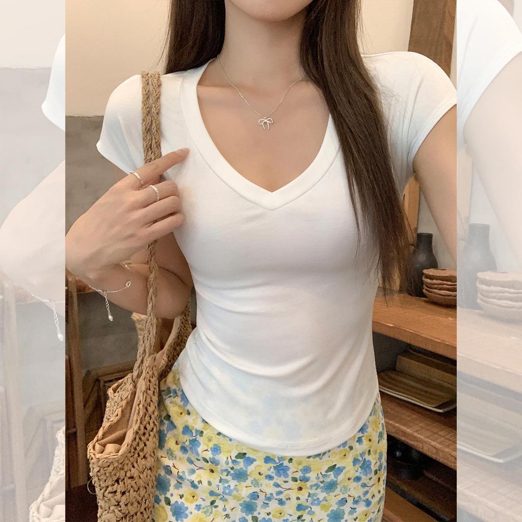 Tencel White V-neck Front Shoulder Short-sleeved T-shirt Women's Summer New Xiaofei Sleeves Slim-fitting Age-reducing Waist Top