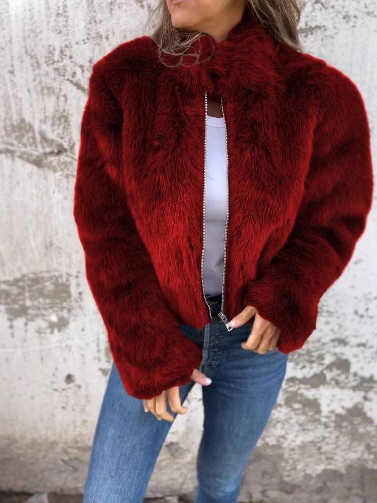 European & American Women's Fur High Neck Zipper Casual Top Coat - 2024 Autumn/Winter Collection