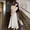 Women's Summer French Style Polka Dot Puff Sleeve Maxi Dress V Neck Tie Front Ruffle Trim Slim Waist Elegant Casual Long Dress for Women