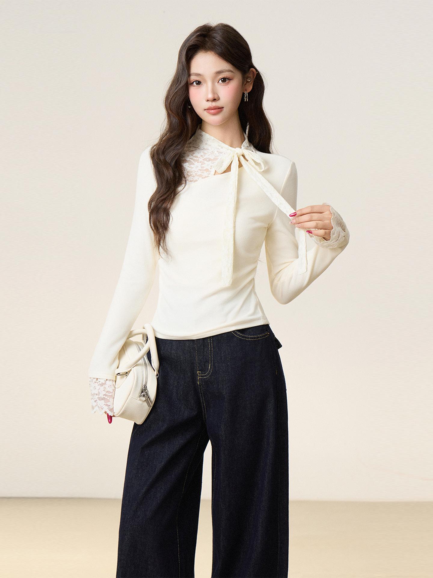 

Autumn and winter apricot lace bow lace-up T-shirt long-sleeved bottoming shirt with polished and fleece design top women s clothing S абрикосовый