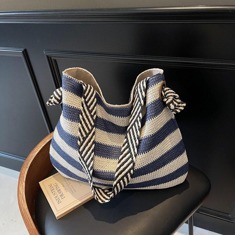 Idle Style Large Capacity Straw Woven Bag Women's Summer Shoulder Commuter Tote Seaside Vacation Style Stripes Woven Bag