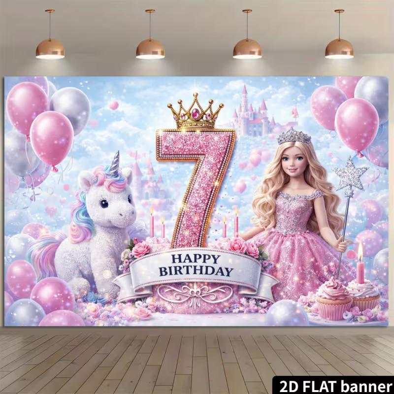 2D Pink Unicorn 7th Birthday Backdrop - Magical Princess Banner for Girls 7th Birthday Photoshoot