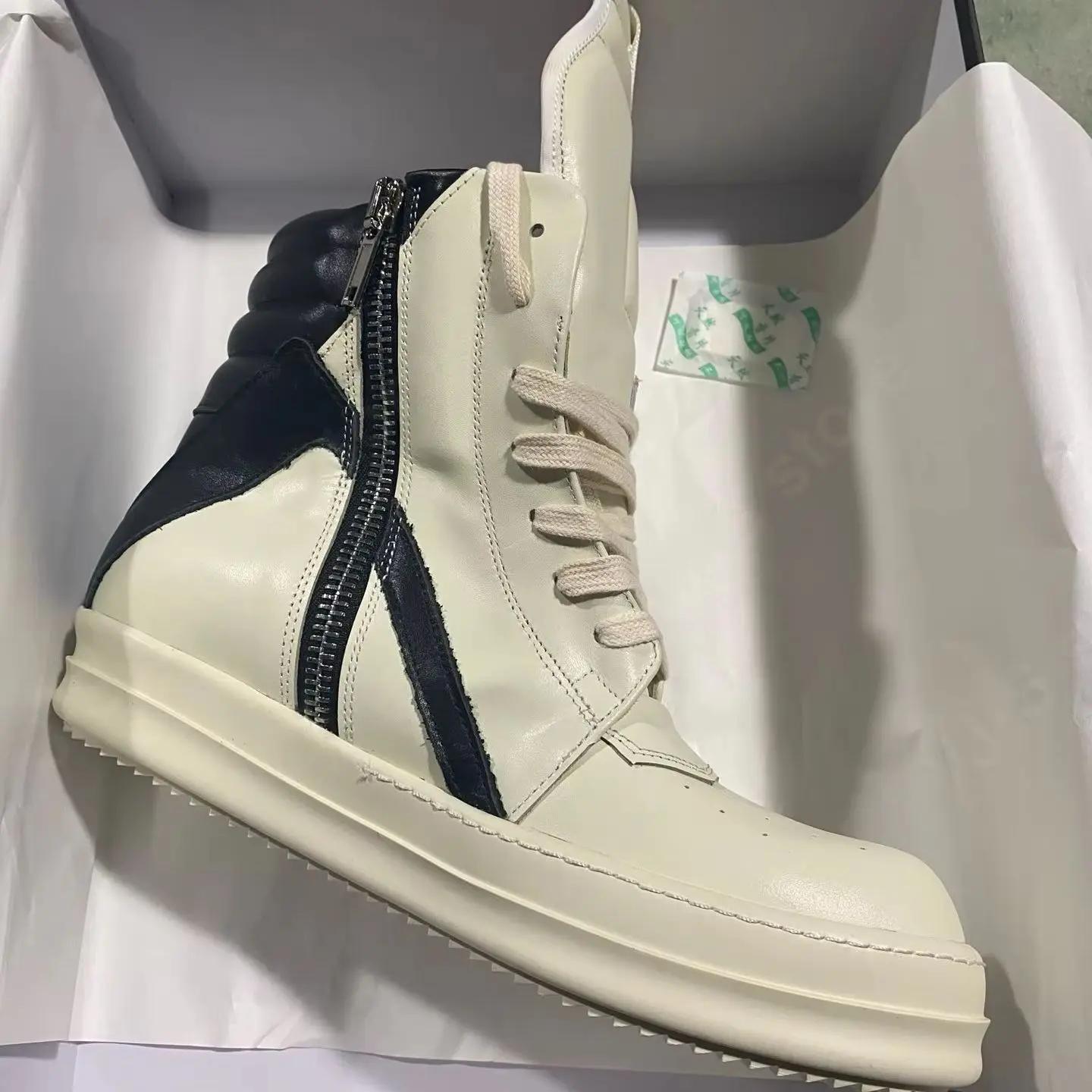 

Brand Luxury Men Shoe Ankle Boot Ro High Top Casual Shoes White Leather Women Sneaker Lace Up Zipper Cowhide Boots Sneakers 34