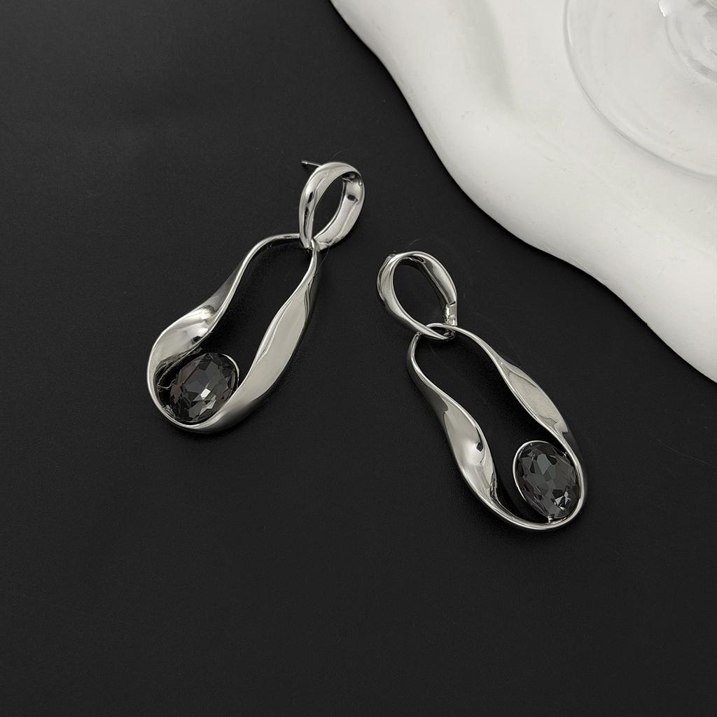 18K Silver Plated Two Tone Crystal Pendant Earrings, Stainless Steel Large Gemstone Declaration Earrings, Women's Modern Jewelry