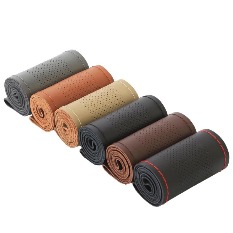 Genuine Leather Perforated Steering Wheel Cover - Hand-Sewn, Universal Fit, All-Season Cowhide