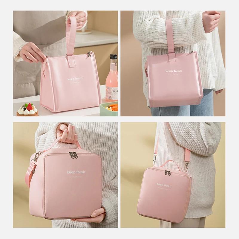 Portable Waterproof Lunch Bags PU Leather Food Picnic Lunch Box Insulated Women Cooler Bags Ice Pack Drink Carrier Thermal Bag