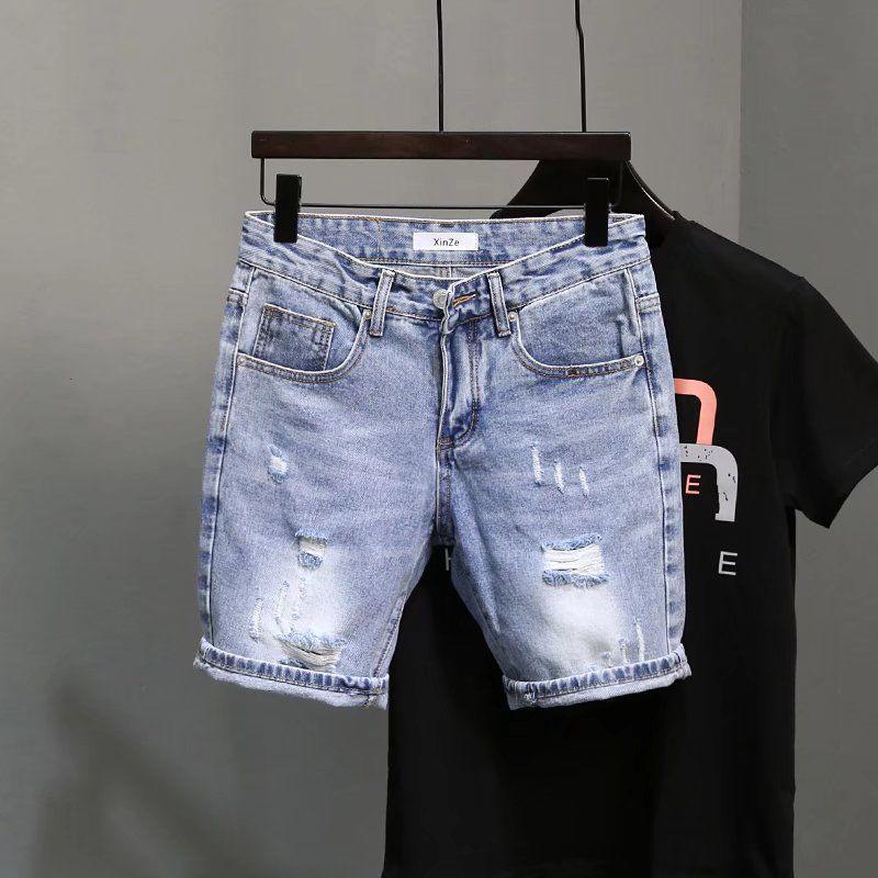 Men's Summer Ripped Denim Shorts - Korean Style, Elastic Fit, Trendy Mid-Length Streetwear