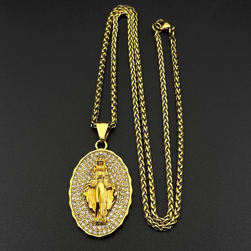 Virgin Mary Crystals Medal Oval Pendant Necklace for Women Men Stainless Steel Gold Color Catholic Religious Necklaces Jewelry