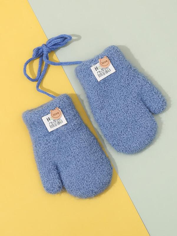 Children's Winter Warm Cashmere-Lined Knitted Mittens with Neck Strap