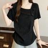 Navava Women Unique AsymmeTric BuTTon PoinT Shirring ShorT Sleeve T shirT nT3405