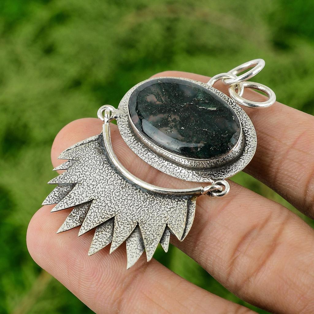 925 Sterling Silver Oval Solar Moss Agate Stone Daughter Wedding Elegant Pendant