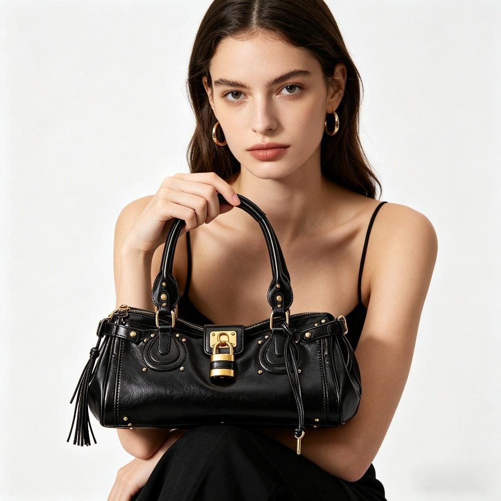 Popular Y2K Spicy Girl Style Retro Lock Decor Handbag For Women Large Capacity Commuter Top Handle Shoulder Tote Bag