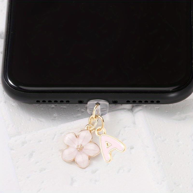 Fashionable Pink Flower Letter Phone Dust Plug, Exquisite A-Z Letter Alloy Pendant, Suitable As a Birthday Gift for Women